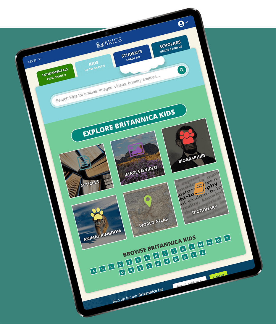 Britannica Kids homepage on a tablet