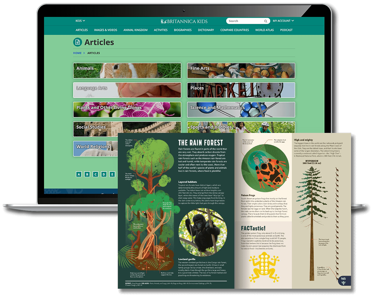 Laptop viewing Britannica Kids articles and a spread from the All New Kids' Encyclopedia
