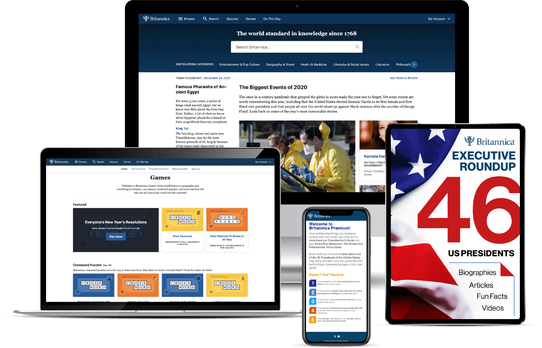 Screens showing Britannica Premium, Executive Roundup presidential e-book, and exclusive newsletter